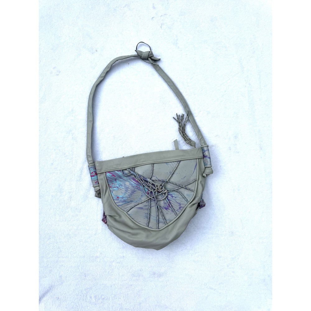 Vintage Artisan Marbled Leather Crossbody Bag Green Purple Woven Tassel Boho